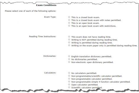 Select options for exam conditions